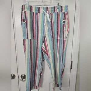 Womens 1X Striped Capri Pants Linen Blend